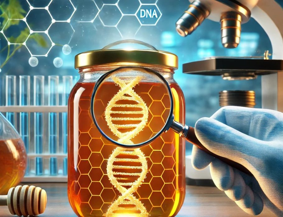 Analisi del DNA del miele: barattolo con lente d'ingrandimento e DNA visibile